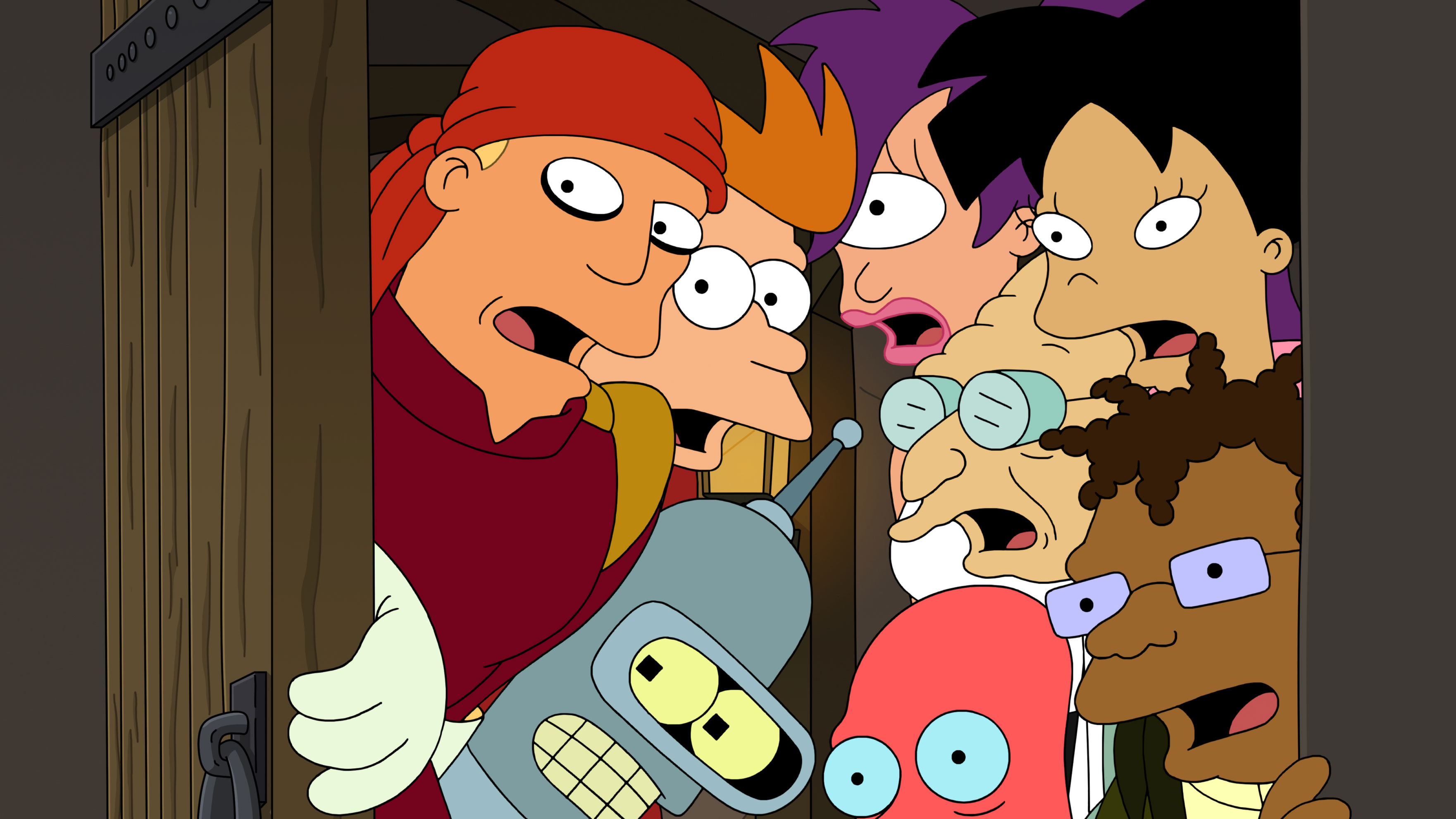 Cartoon characters look off camera.
